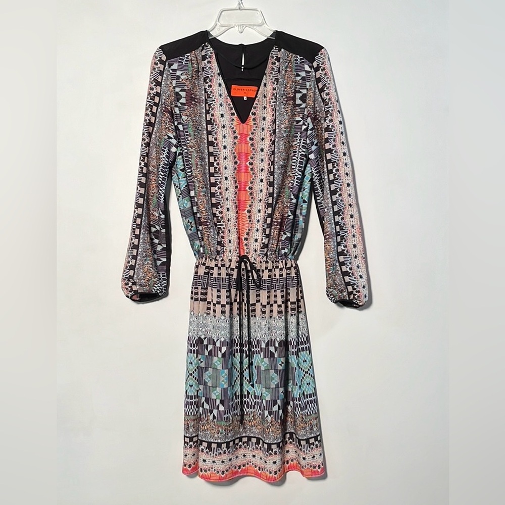 CLOVER CANYON Boho Party Artsy Ethnic Kaleidoscope Keyhole Drawstring Dress M